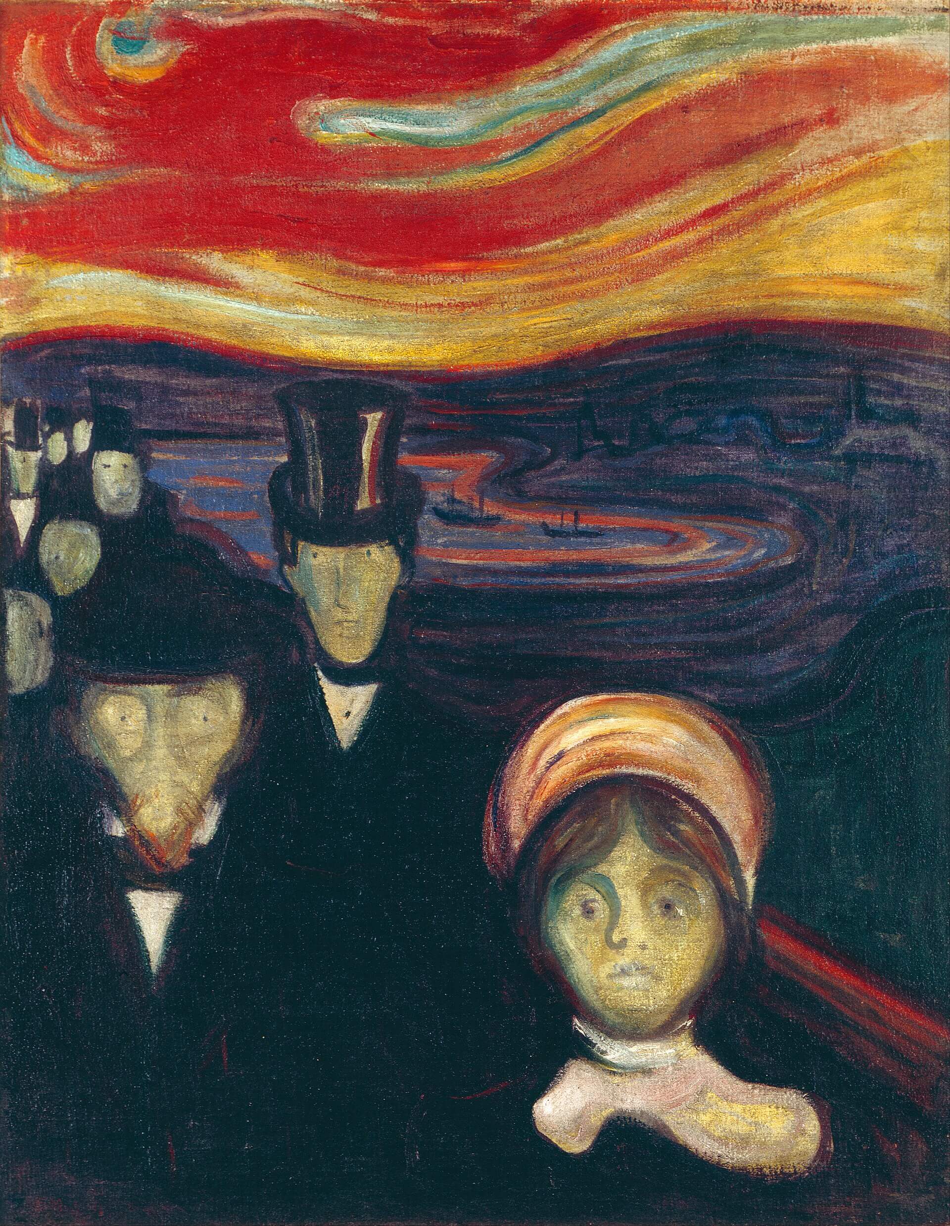 Edvard Munch's Anxiety painting showing figures on a bridge overwhelmed by by uncertainty and worry