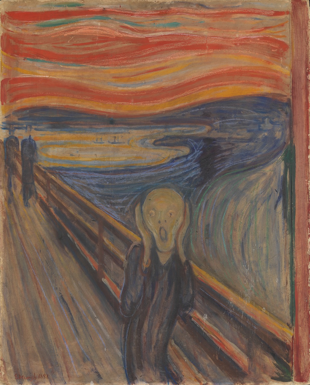 "The Scream" by Norwegian artist Edvard Munch in 1893. The agonized face in the painting has become one of the most iconic images of art, seen as symbolizing the anxiety of the human condition.