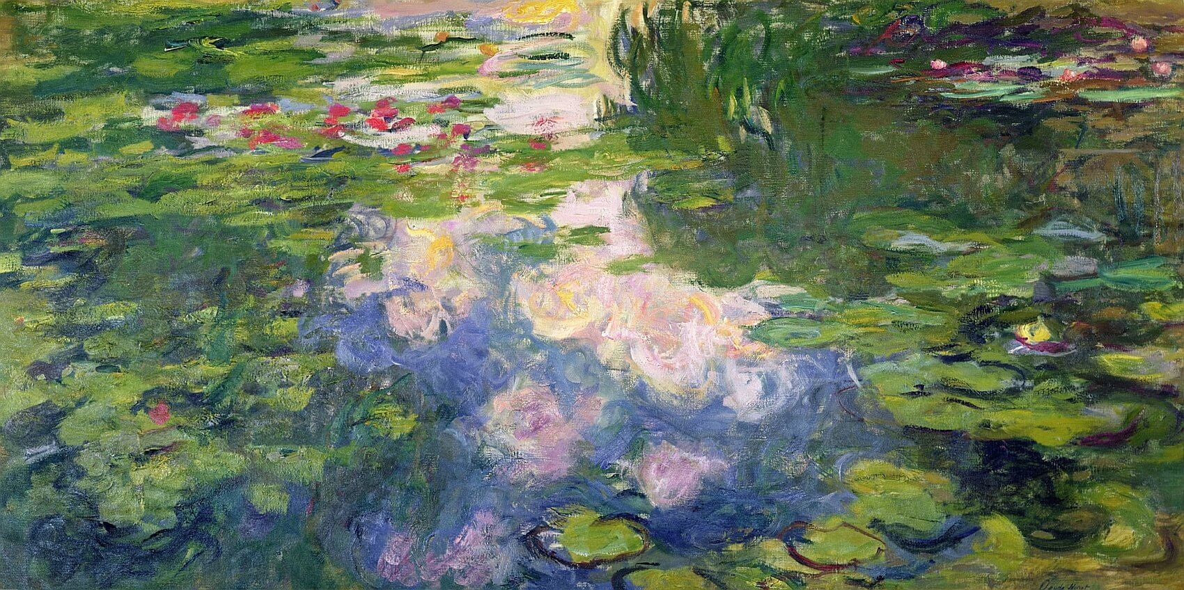Claude Monet’s The Water Lily Pond (1897), showing a pond filled with water lilies and surrounded by dense greenery.