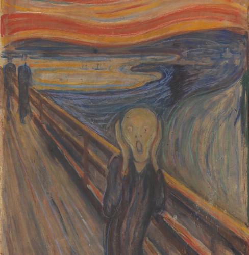 "The Scream" by Norwegian artist Edvard Munch in 1893. The agonized face in the painting has become one of the most iconic images of art, seen as symbolizing the anxiety of the human condition.