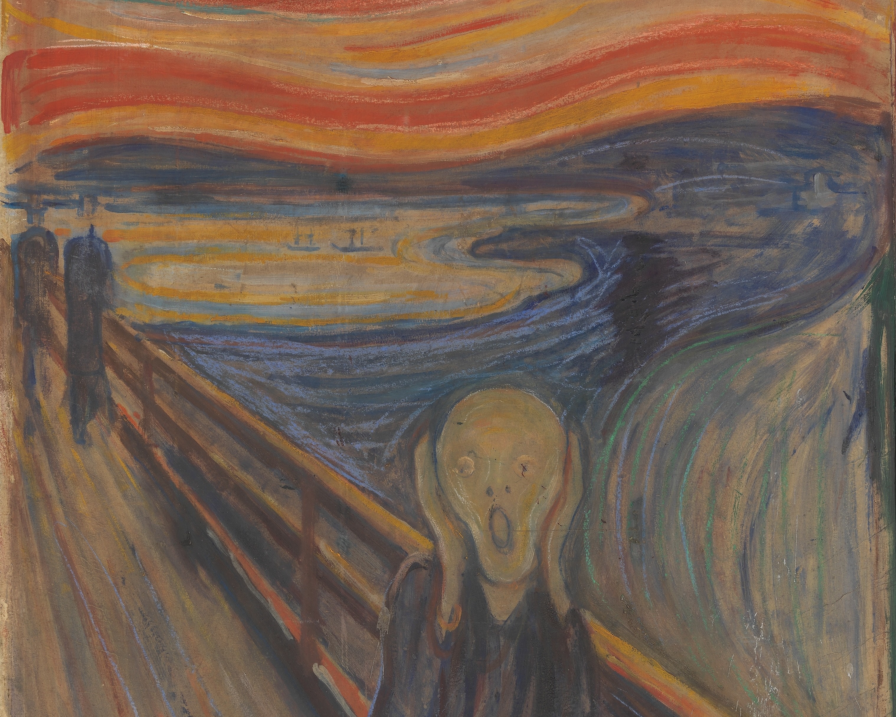 "The Scream" by Norwegian artist Edvard Munch in 1893. The agonized face in the painting has become one of the most iconic images of art, seen as symbolizing the anxiety of the human condition.