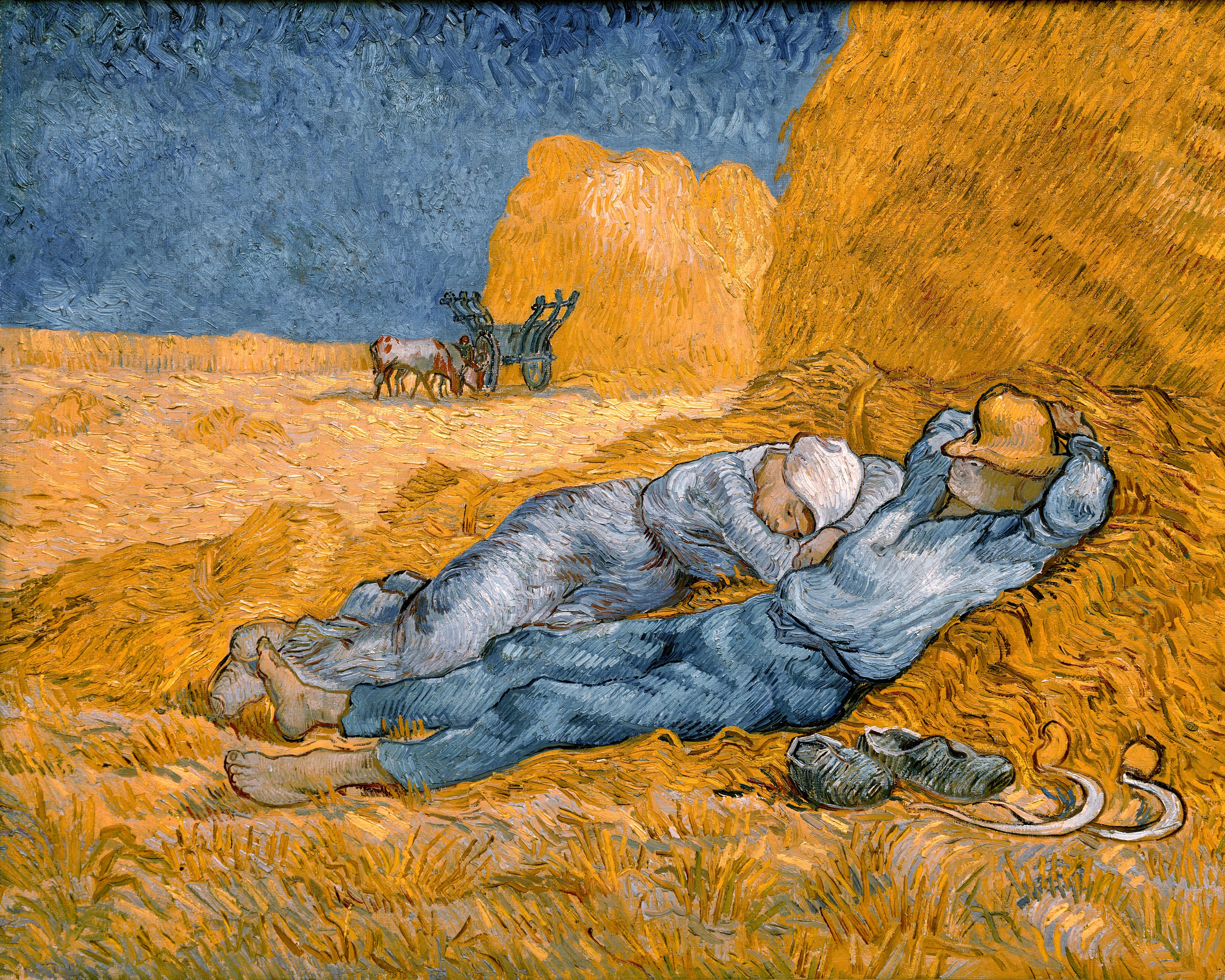 Two farm workers sleeping in a sunlit field beside haystacks in Vincent van Gogh’s Noon: Rest from Work (1890), conveying rest, stillness, and relief from labor. Source: Wikimedia Commons.