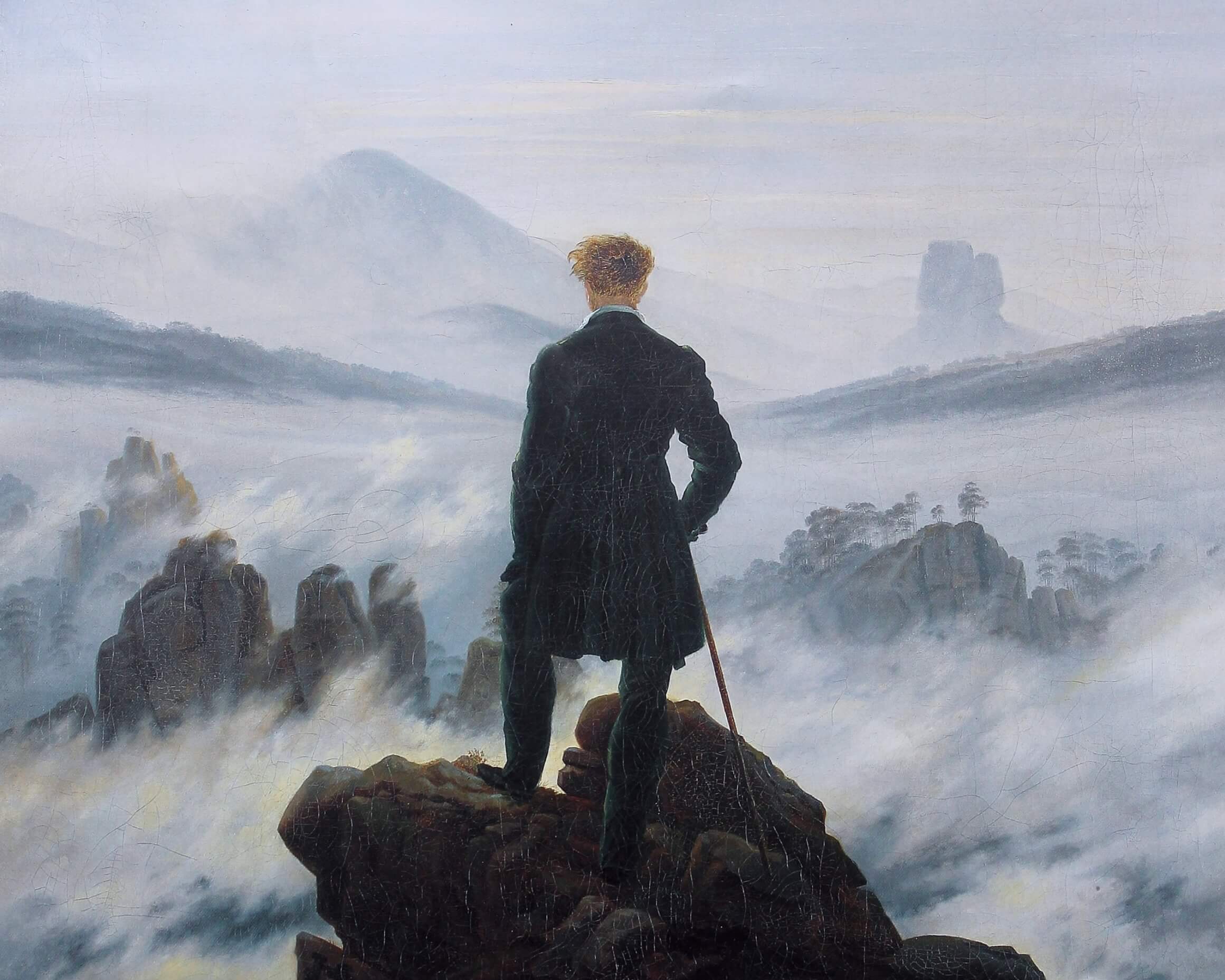 Illustration showing facing with uncertainty by Caspar David Friedrich, Wanderer above the Sea of Fog (1818)